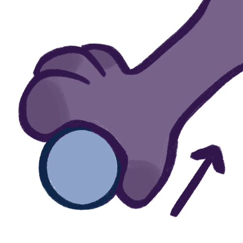 A purple hand grasps a blue ball. A purple arrow points up and away to awards the direct the hand came from.